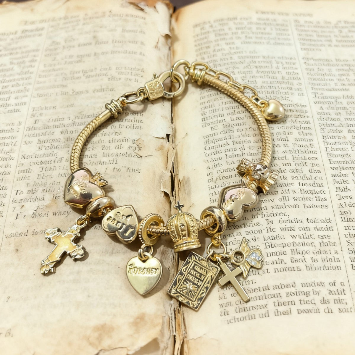 Boho Religious Cross & Crown Charm Bracelet