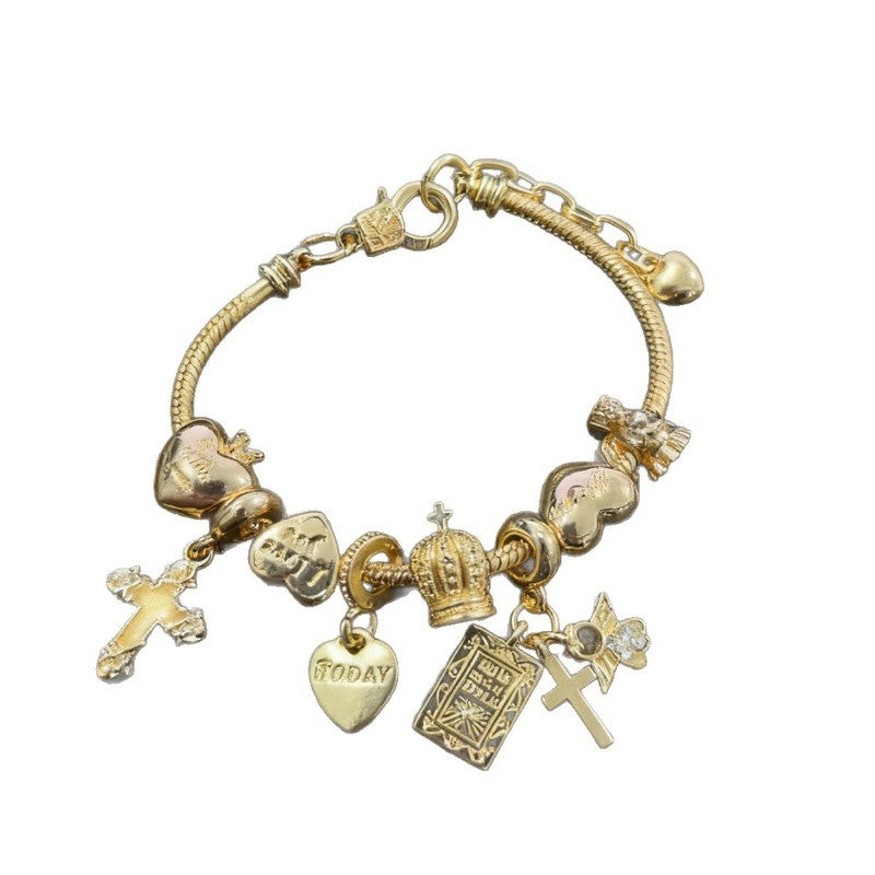 Boho Religious Cross & Crown Charm Bracelet