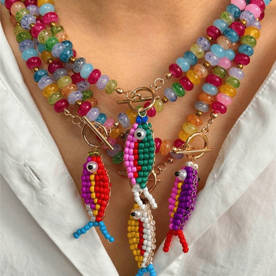 Boho Colorful Beaded Fish Necklace