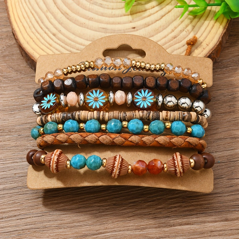 7pc Boho Floral & Turquoise Bracelet Set