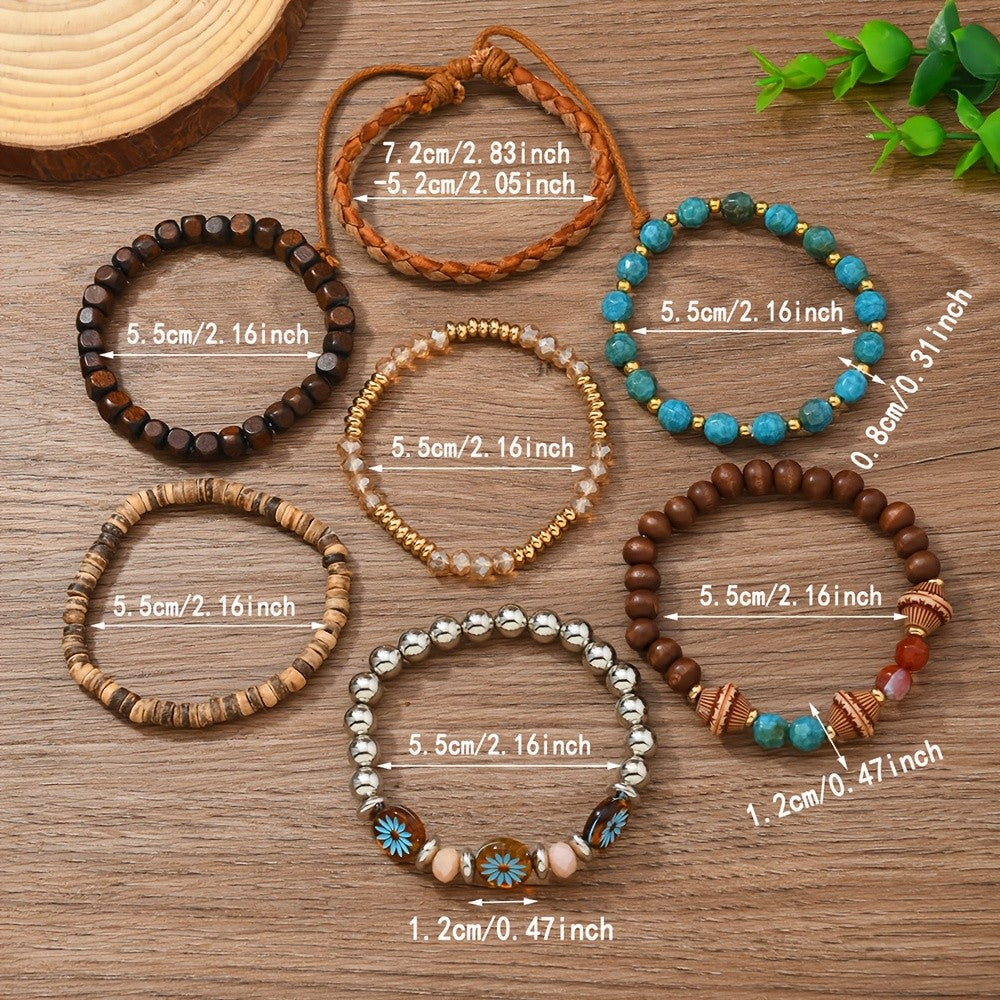 7pc Boho Floral & Turquoise Bracelet Set