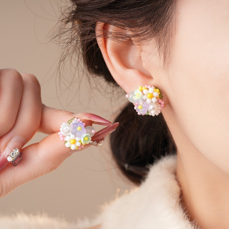 Romantic Multicolor Glass Flower Stud Earrings