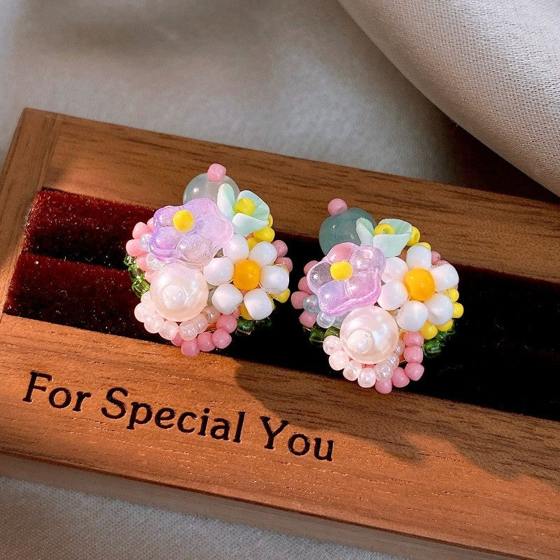 Romantic Multicolor Glass Flower Stud Earrings