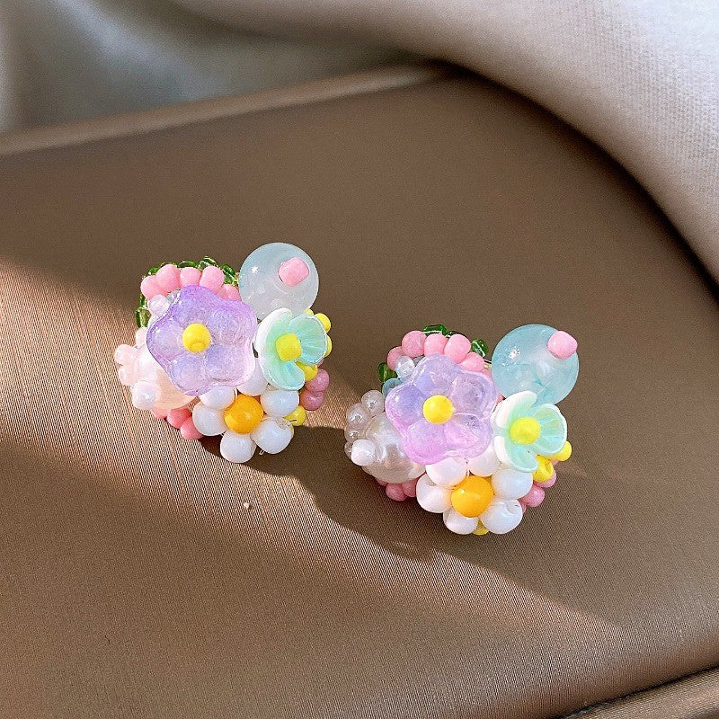 Romantic Multicolor Glass Flower Stud Earrings