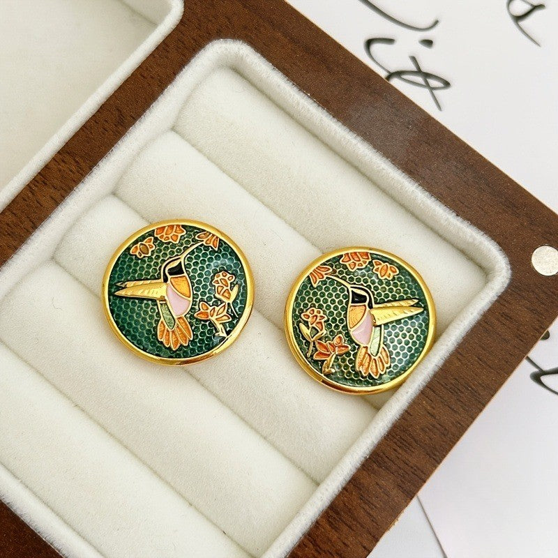 14k Vintage Enamel Hummingbird Earrings