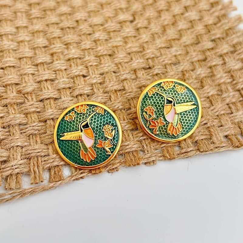14k Vintage Enamel Hummingbird Earrings