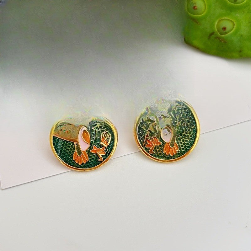 14k Vintage Enamel Hummingbird Earrings