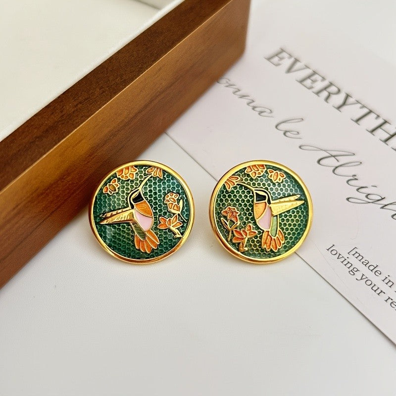 14k Vintage Enamel Hummingbird Earrings