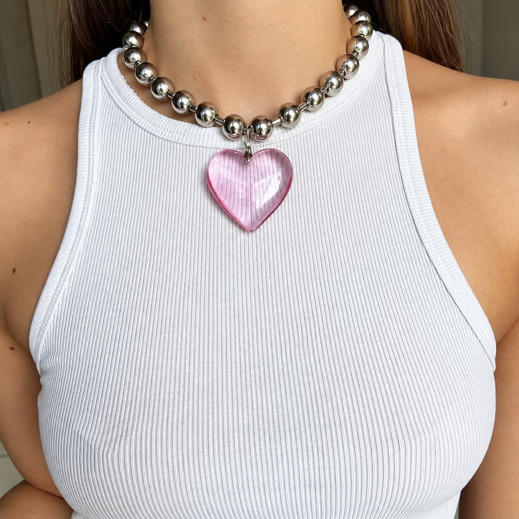 Romantic Pink Acrylic Heart Bead Necklace