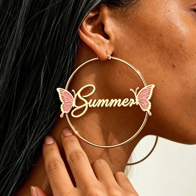18k Boho Summer Script Butterfly Hoop Earrings