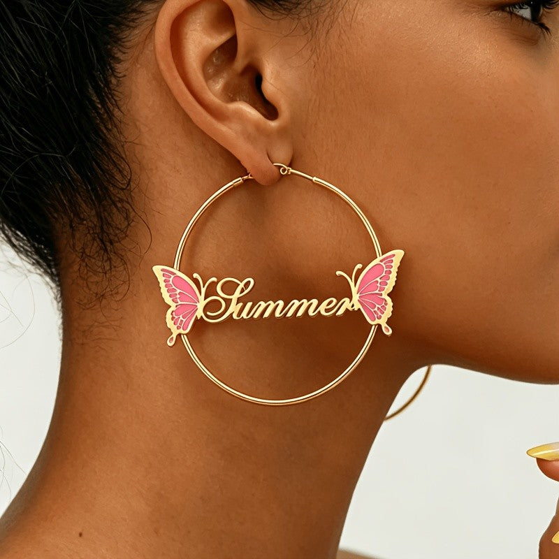 18k Boho Summer Script Butterfly Hoop Earrings