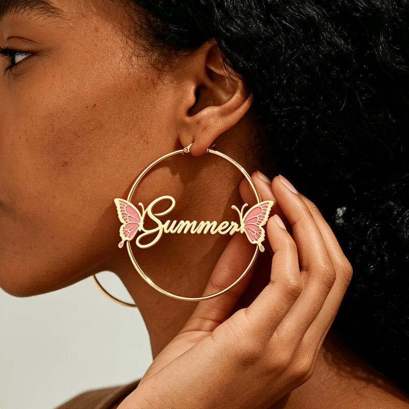 18k Boho Summer Script Butterfly Hoop Earrings
