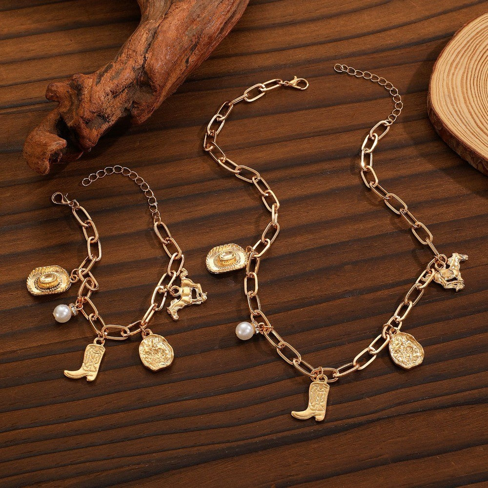 Boho Western Cowboy Boot Charm Necklace & Bracelet Set