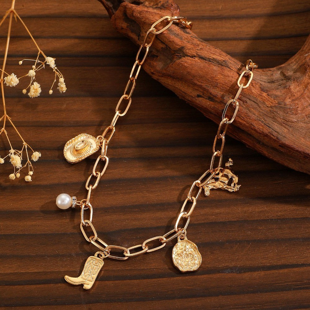 Boho Western Cowboy Boot Charm Necklace & Bracelet Set