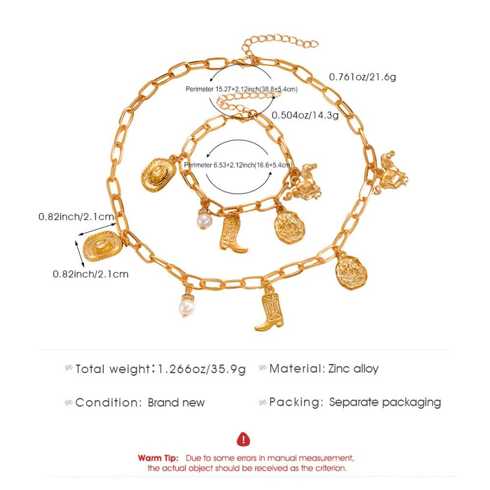 Boho Western Cowboy Boot Charm Necklace & Bracelet Set