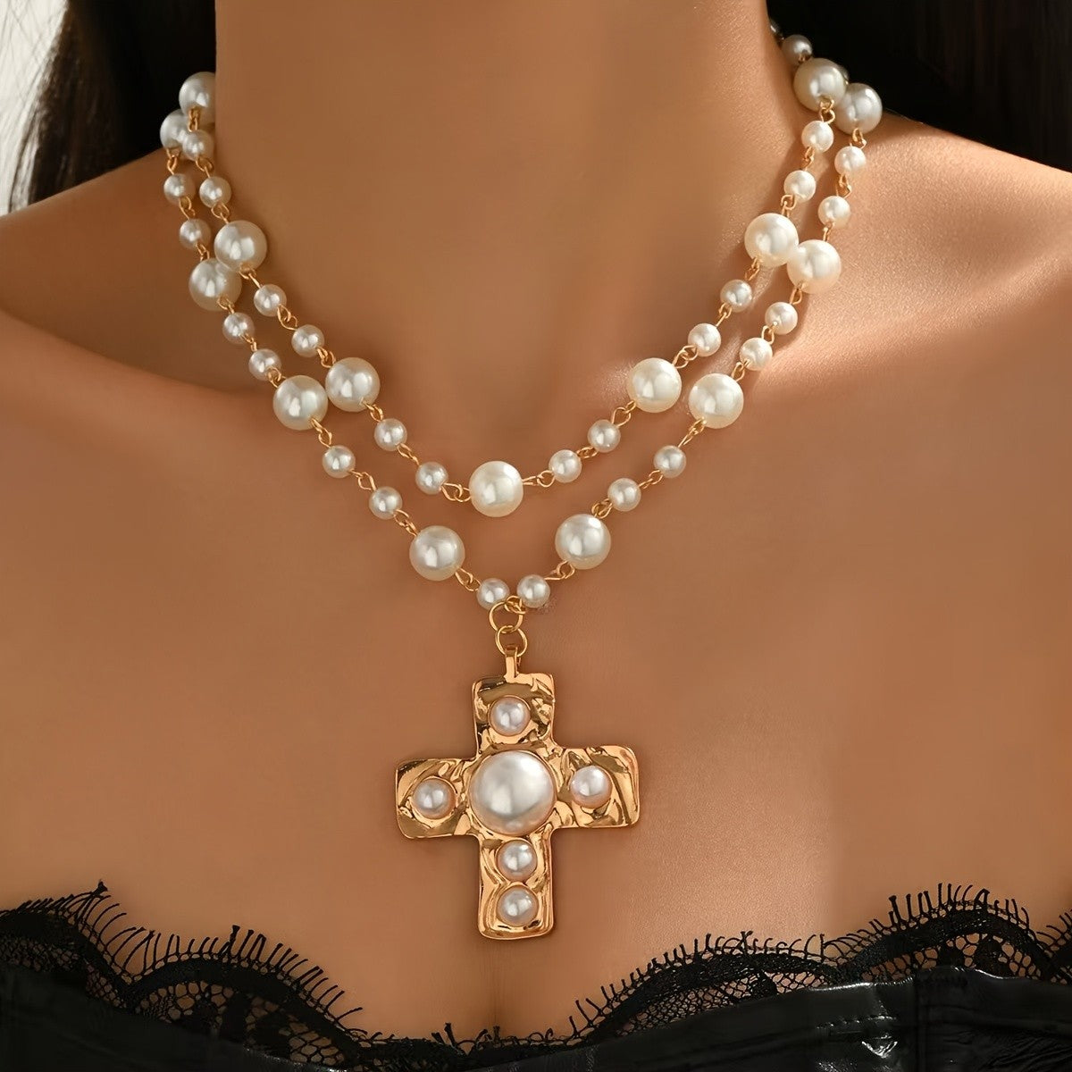 Elegant Layered Faux Pearl Cross Necklace