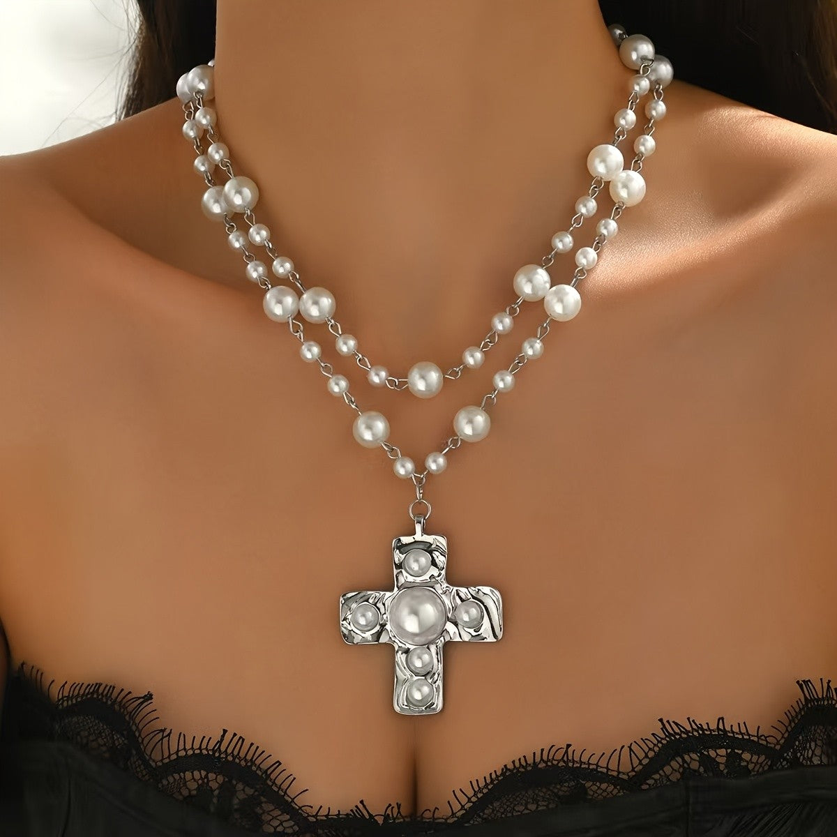 Elegant Layered Faux Pearl Cross Necklace
