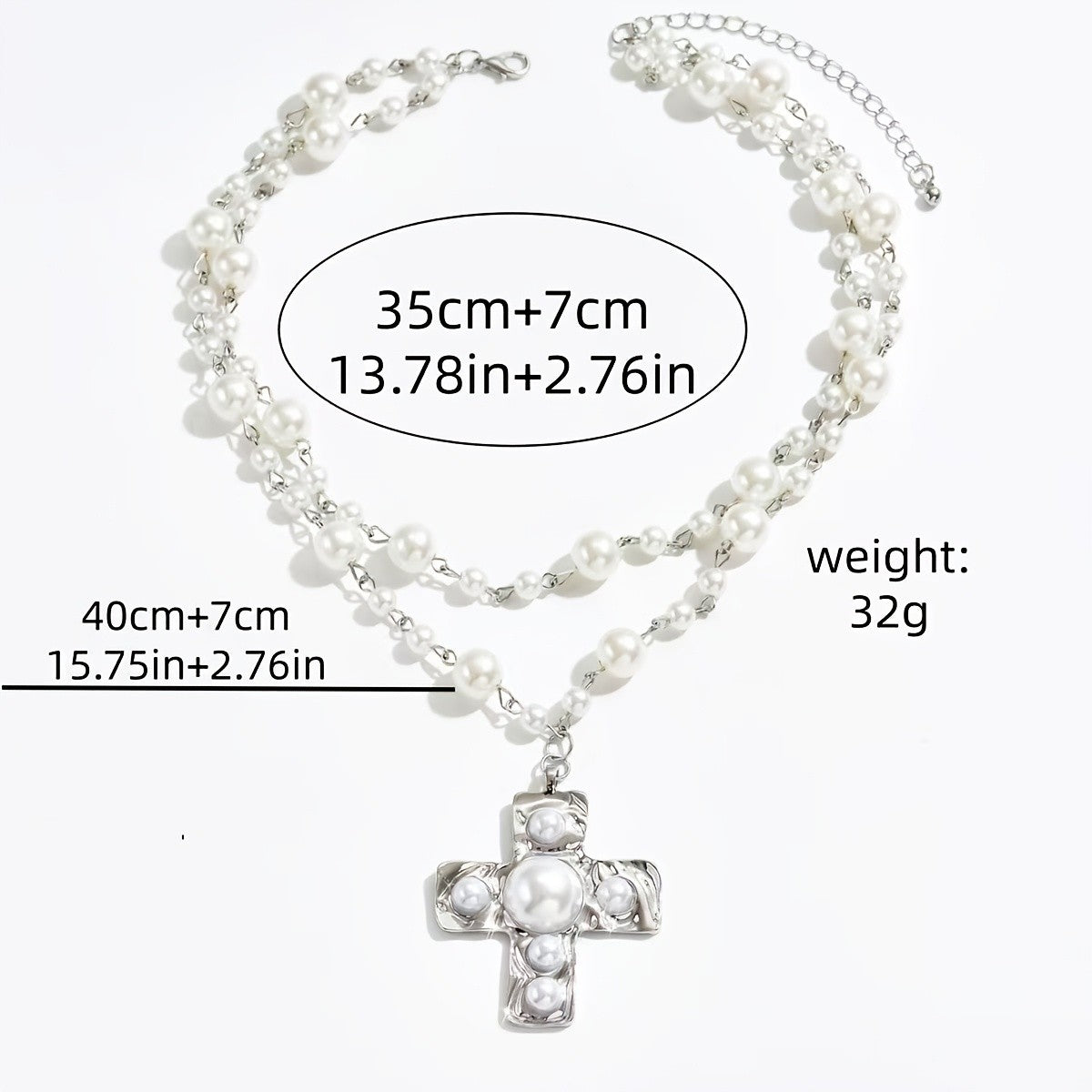 Elegant Layered Faux Pearl Cross Necklace