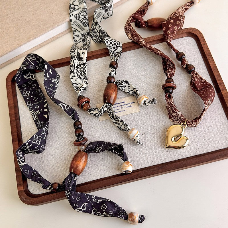 Boho Paisley Print Beaded Scarf Necklace