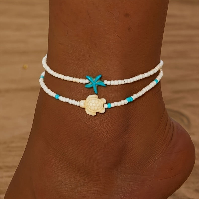 2pc Boho Turquoise Starfish & Turtle Anklet Set