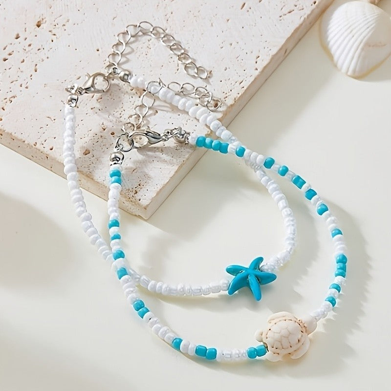 2pc Boho Turquoise Starfish & Turtle Anklet Set