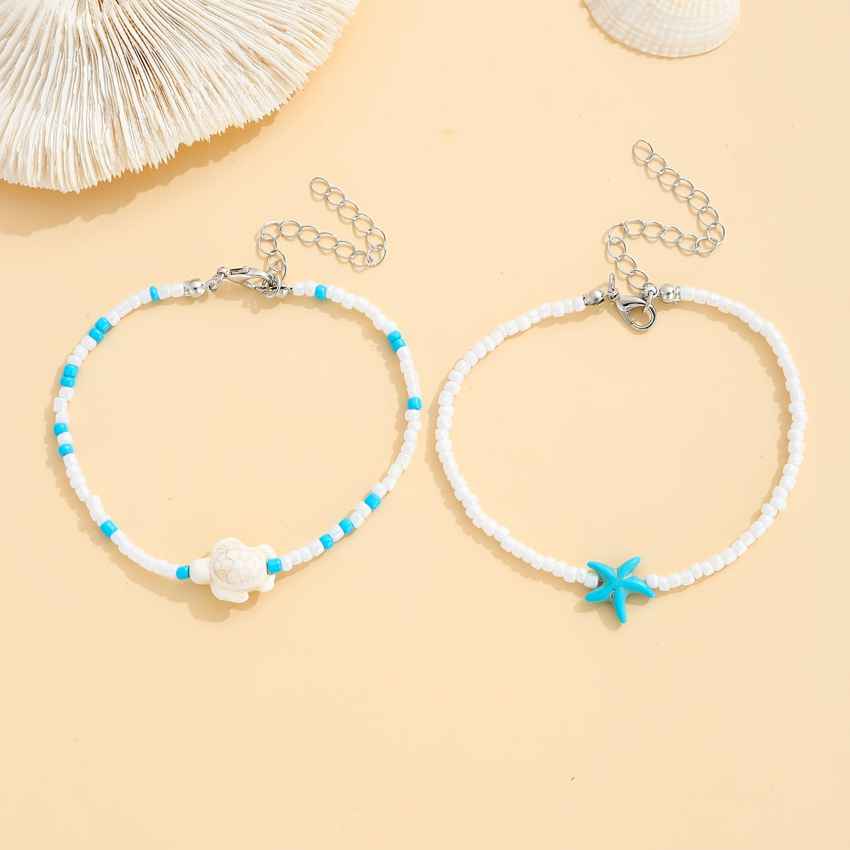 2pc Boho Turquoise Starfish & Turtle Anklet Set