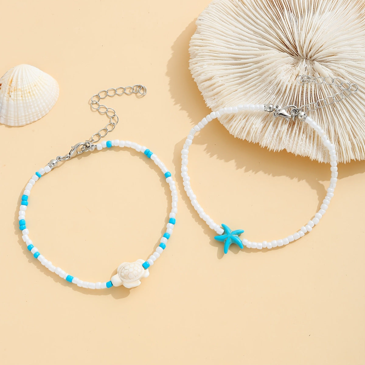 2pc Boho Turquoise Starfish & Turtle Anklet Set