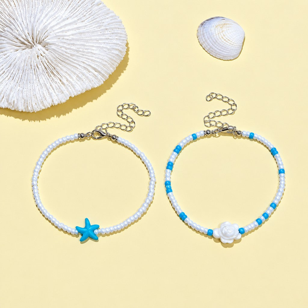 2pc Boho Turquoise Starfish & Turtle Anklet Set