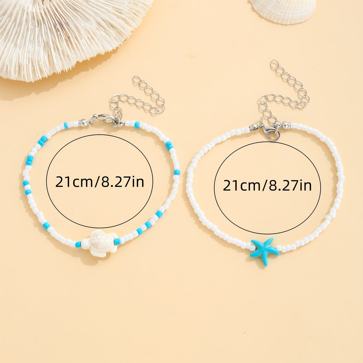 2pc Boho Turquoise Starfish & Turtle Anklet Set