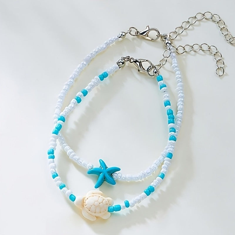 2pc Boho Turquoise Starfish & Turtle Anklet Set