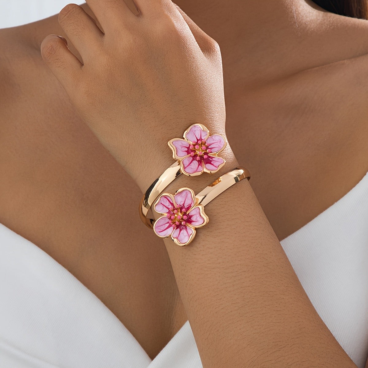 Romantic Pink Enamel Floral Open Bangle