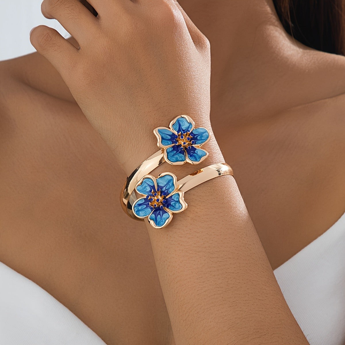 Romantic Pink Enamel Floral Open Bangle