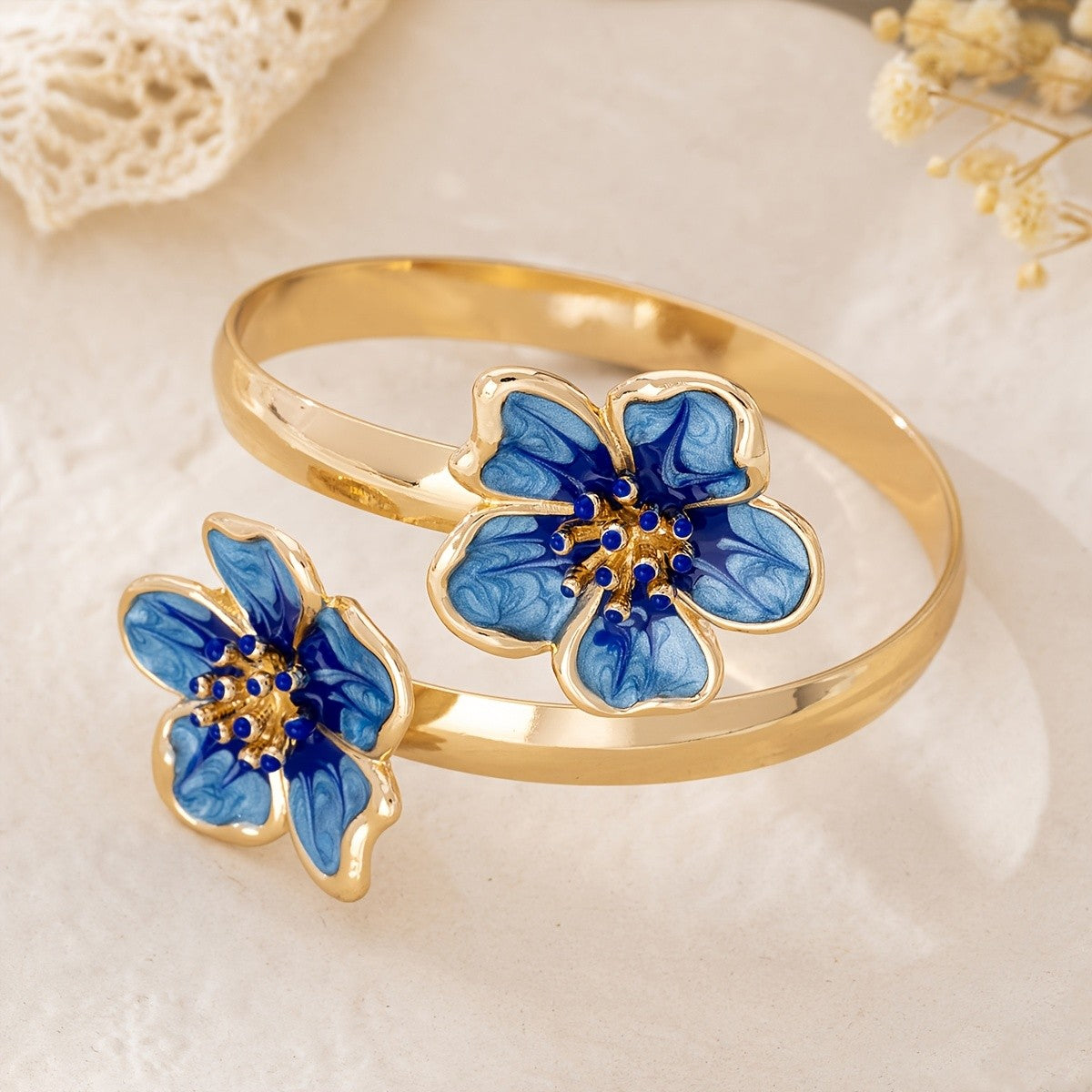 Romantic Pink Enamel Floral Open Bangle