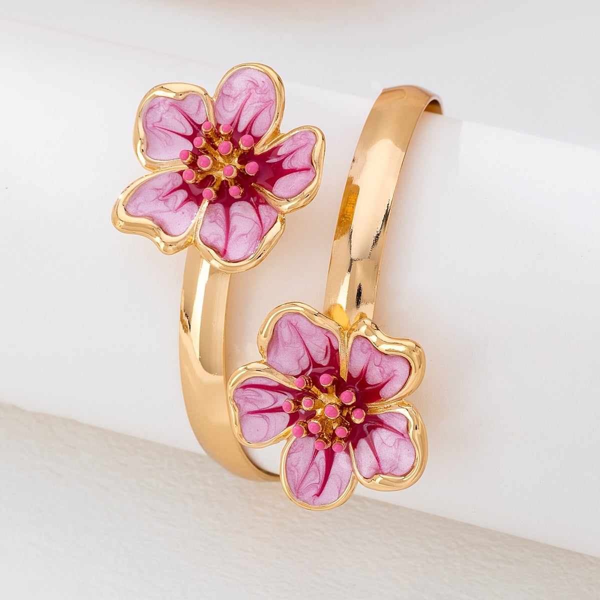 Romantic Pink Enamel Floral Open Bangle
