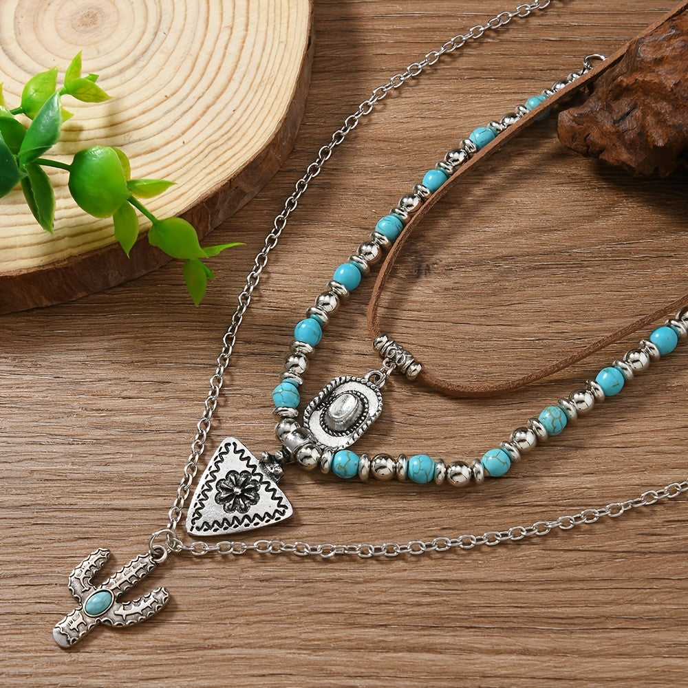 3pc Boho Turquoise Cactus Layered Necklace Set