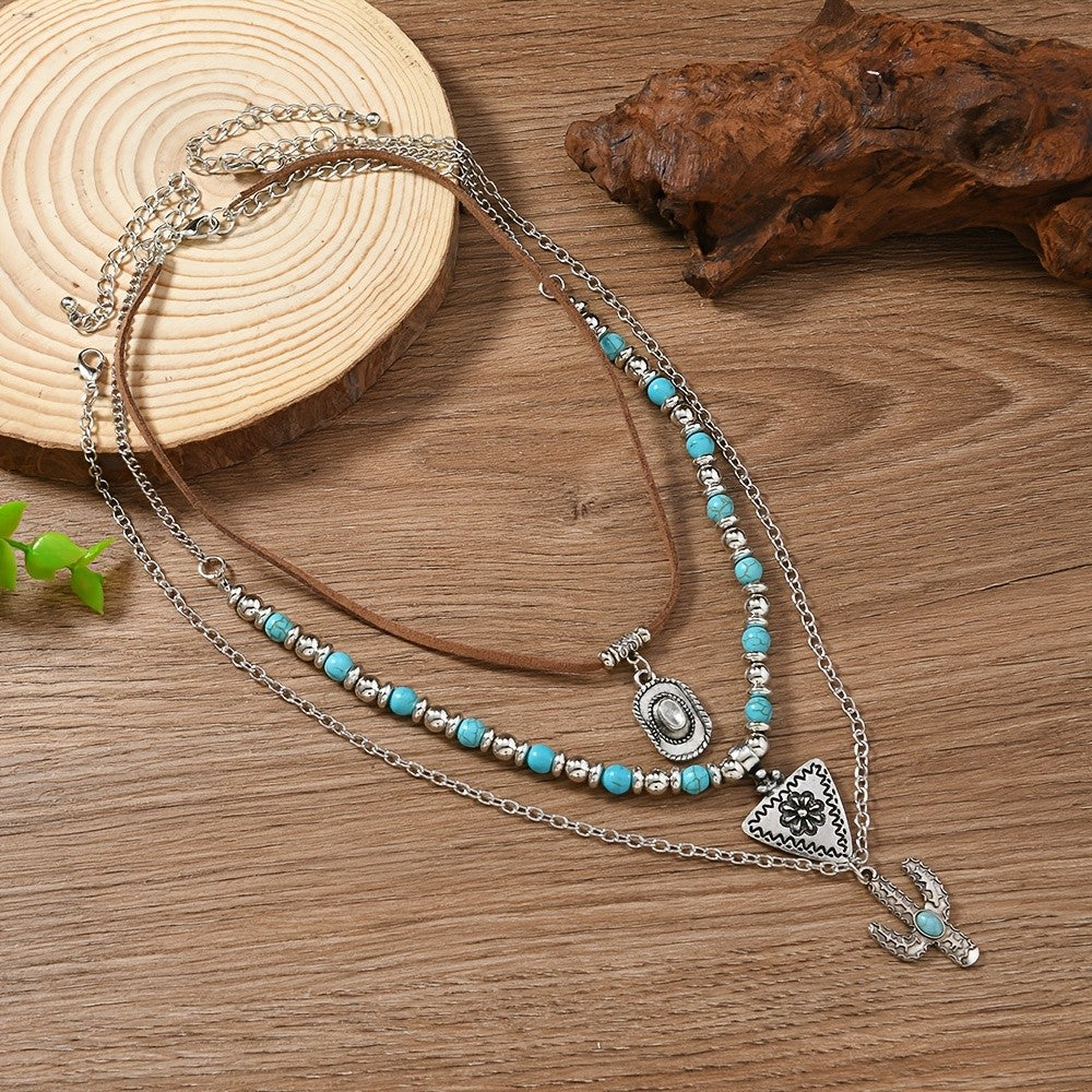 3pc Boho Turquoise Cactus Layered Necklace Set