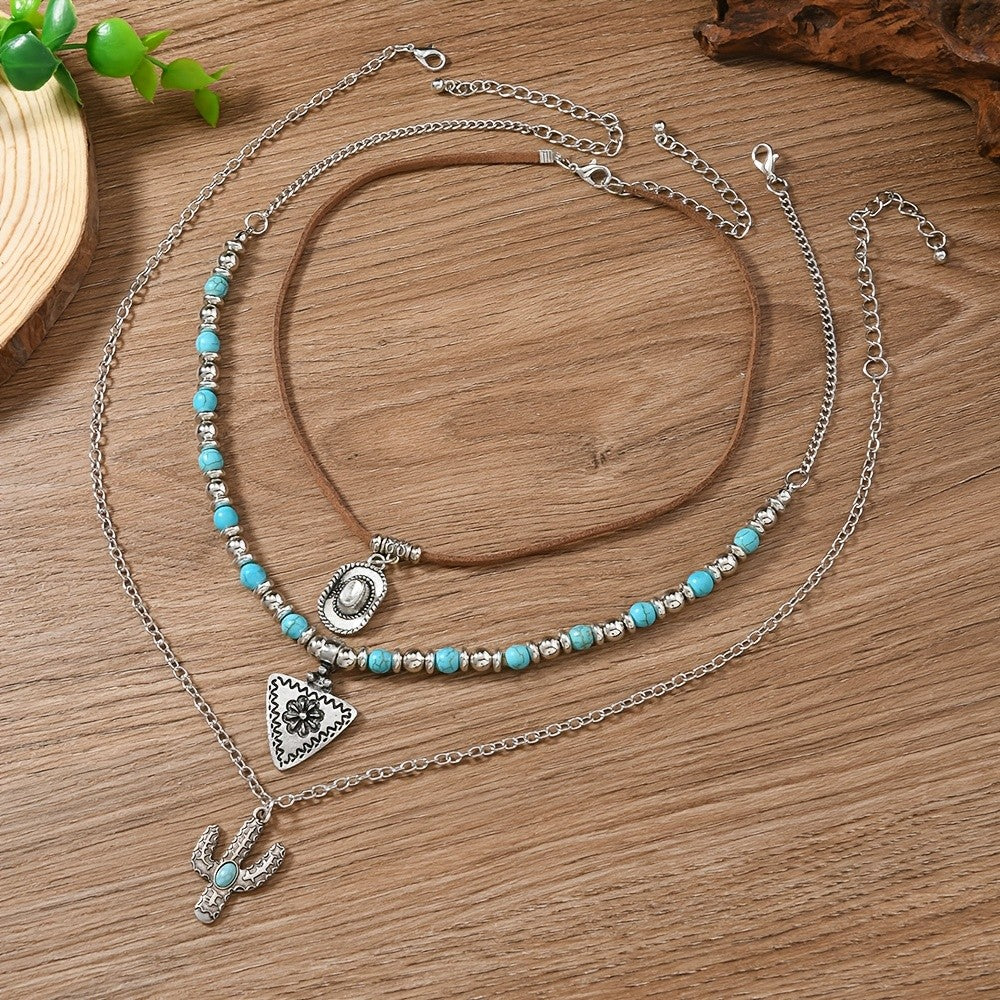 3pc Boho Turquoise Cactus Layered Necklace Set
