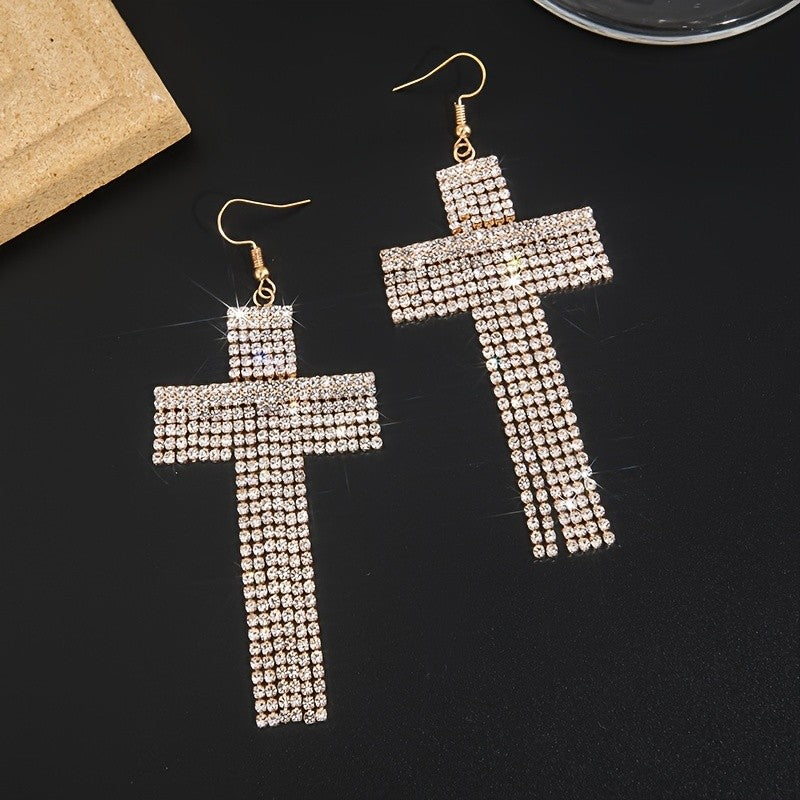 Elegant Paved Cross Drop Earrings