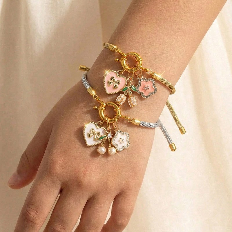 2pc Romantic Enamel Heart & Flower Bracelet Set