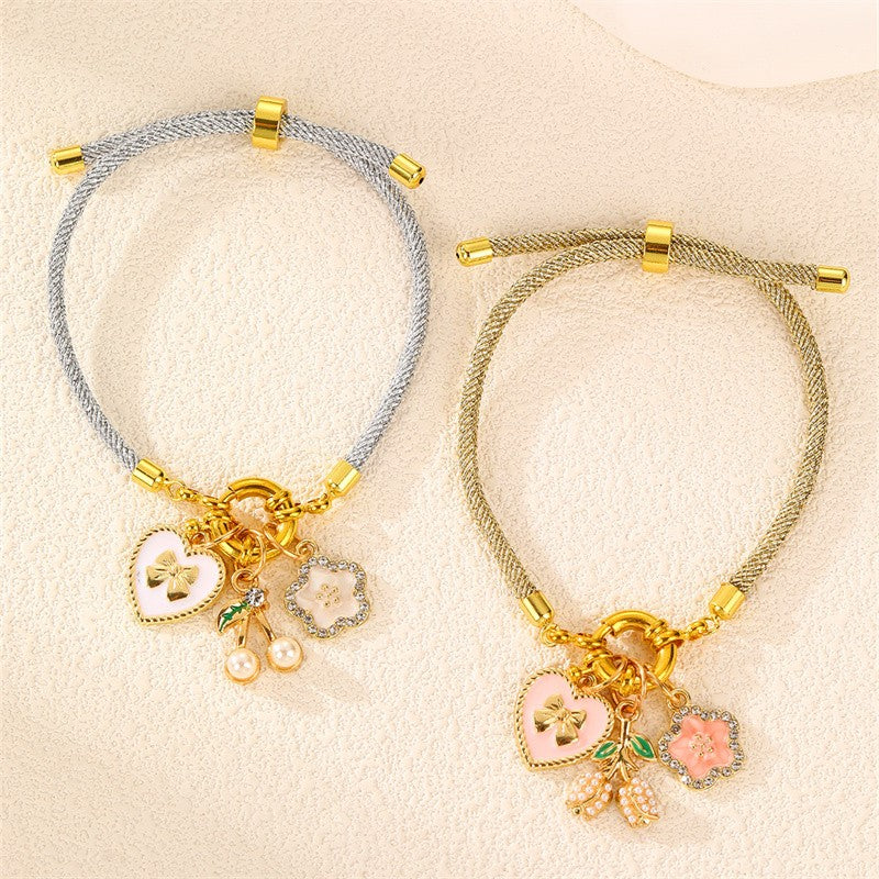 2pc Romantic Enamel Heart & Flower Bracelet Set