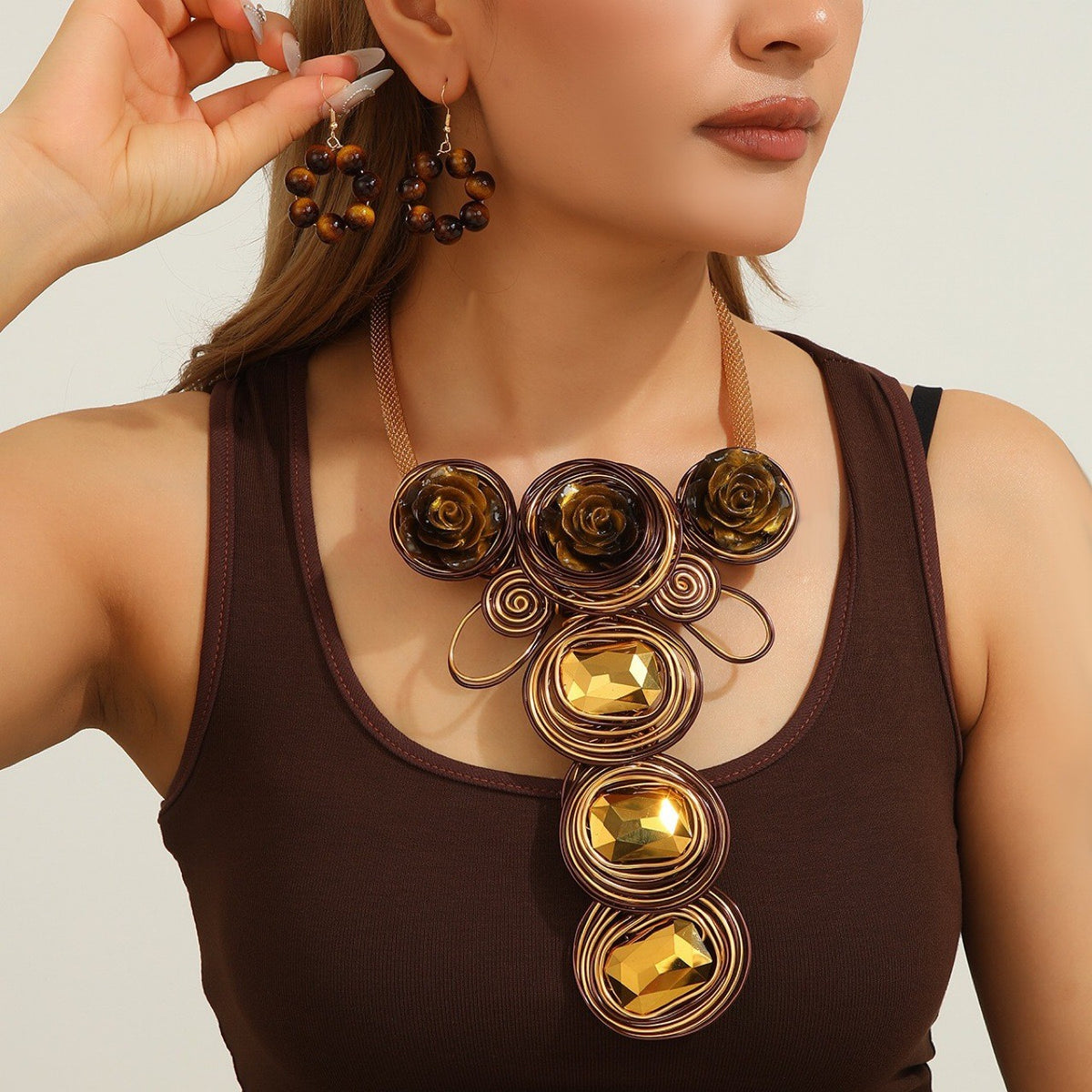 Boho Amber Rose & Gem Necklace, Earring Set