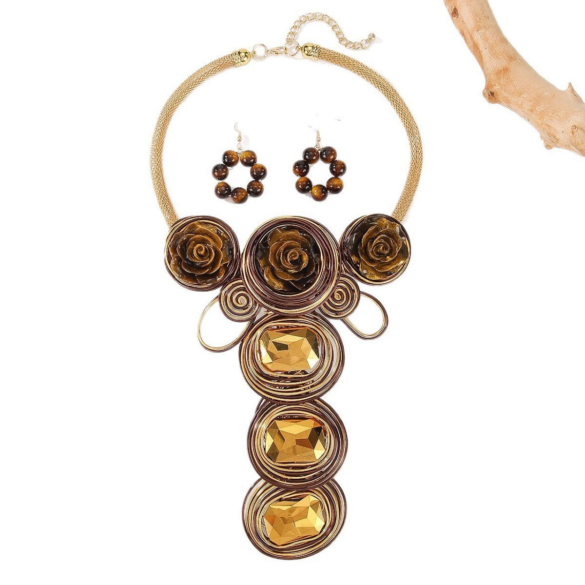 Boho Amber Rose & Gem Necklace, Earring Set