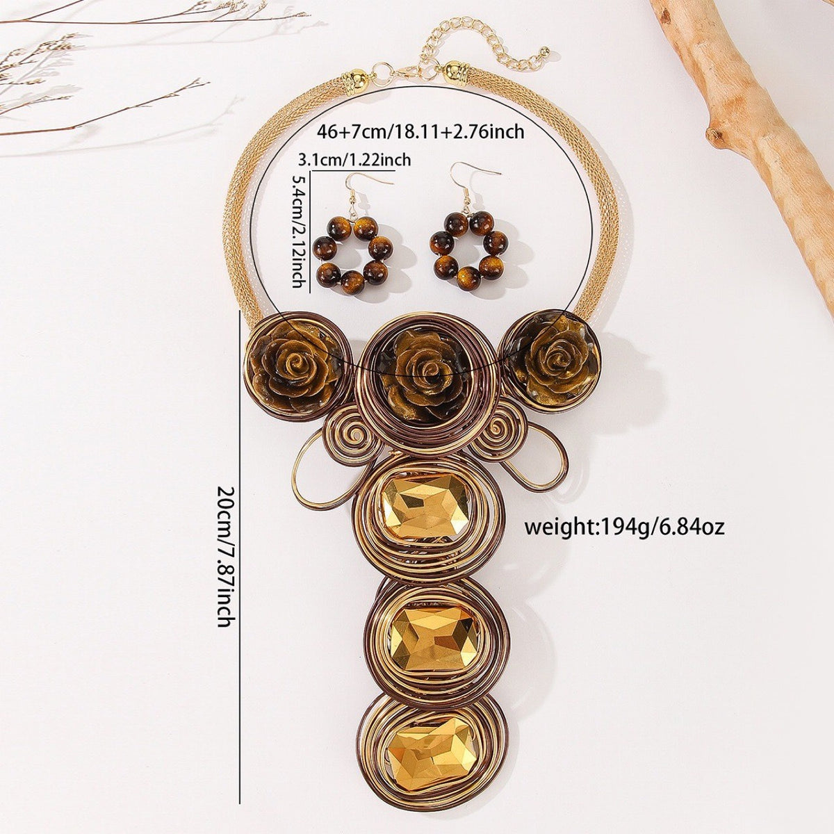 Boho Amber Rose & Gem Necklace, Earring Set