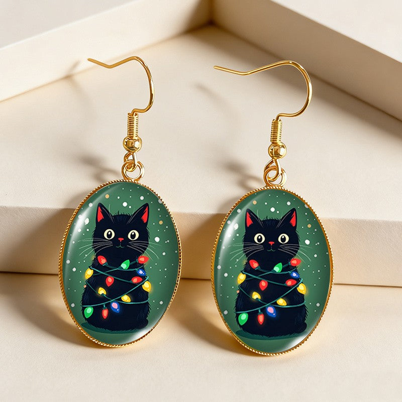 Festive Black Cat Dangle Earrings