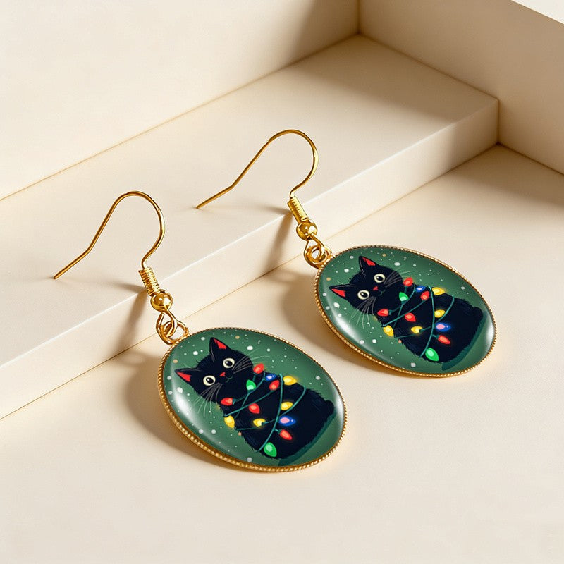 Festive Black Cat Dangle Earrings