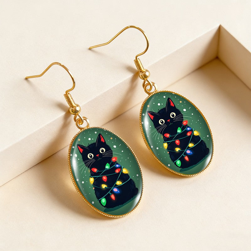Festive Black Cat Dangle Earrings