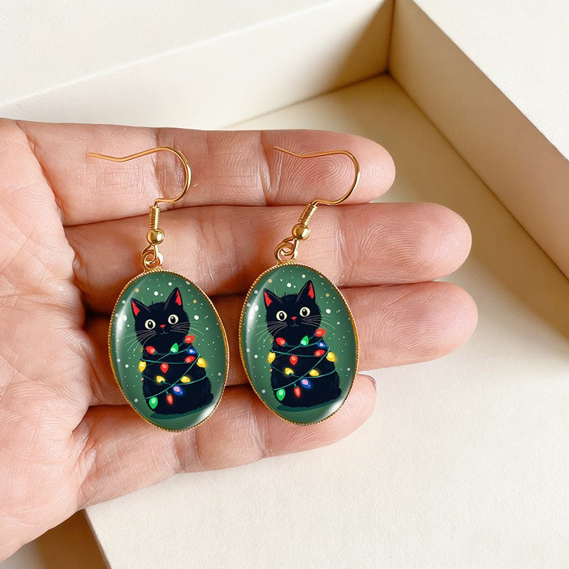 Festive Black Cat Dangle Earrings