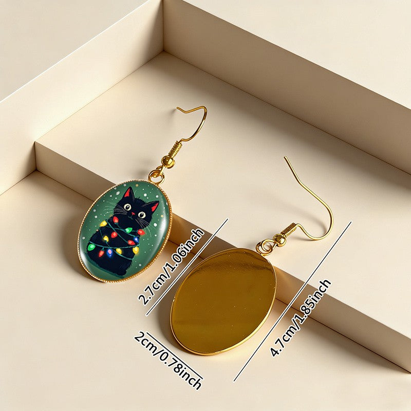 Festive Black Cat Dangle Earrings