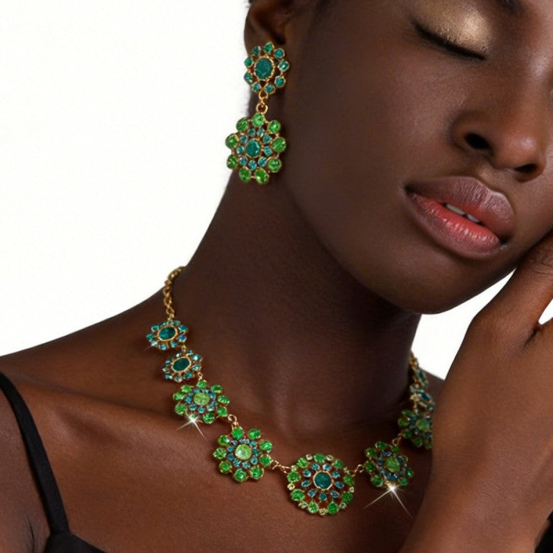 Elegant Emerald Flower Necklace & Earring Set