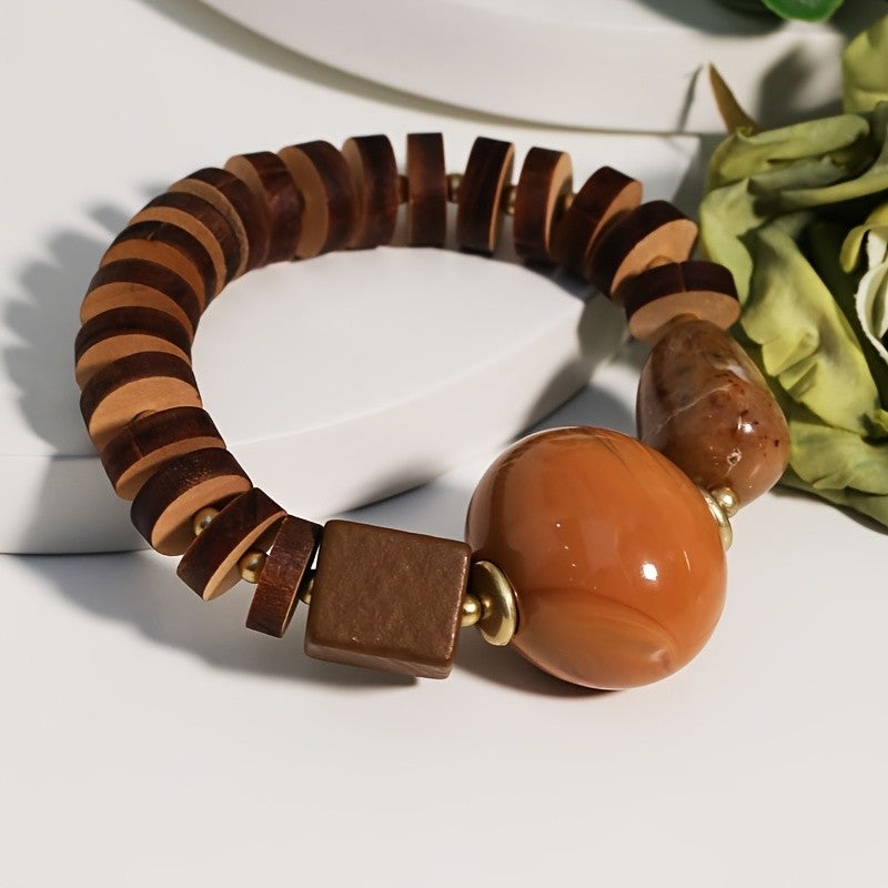 Vintage Wood Block Resin Bead Bracelet